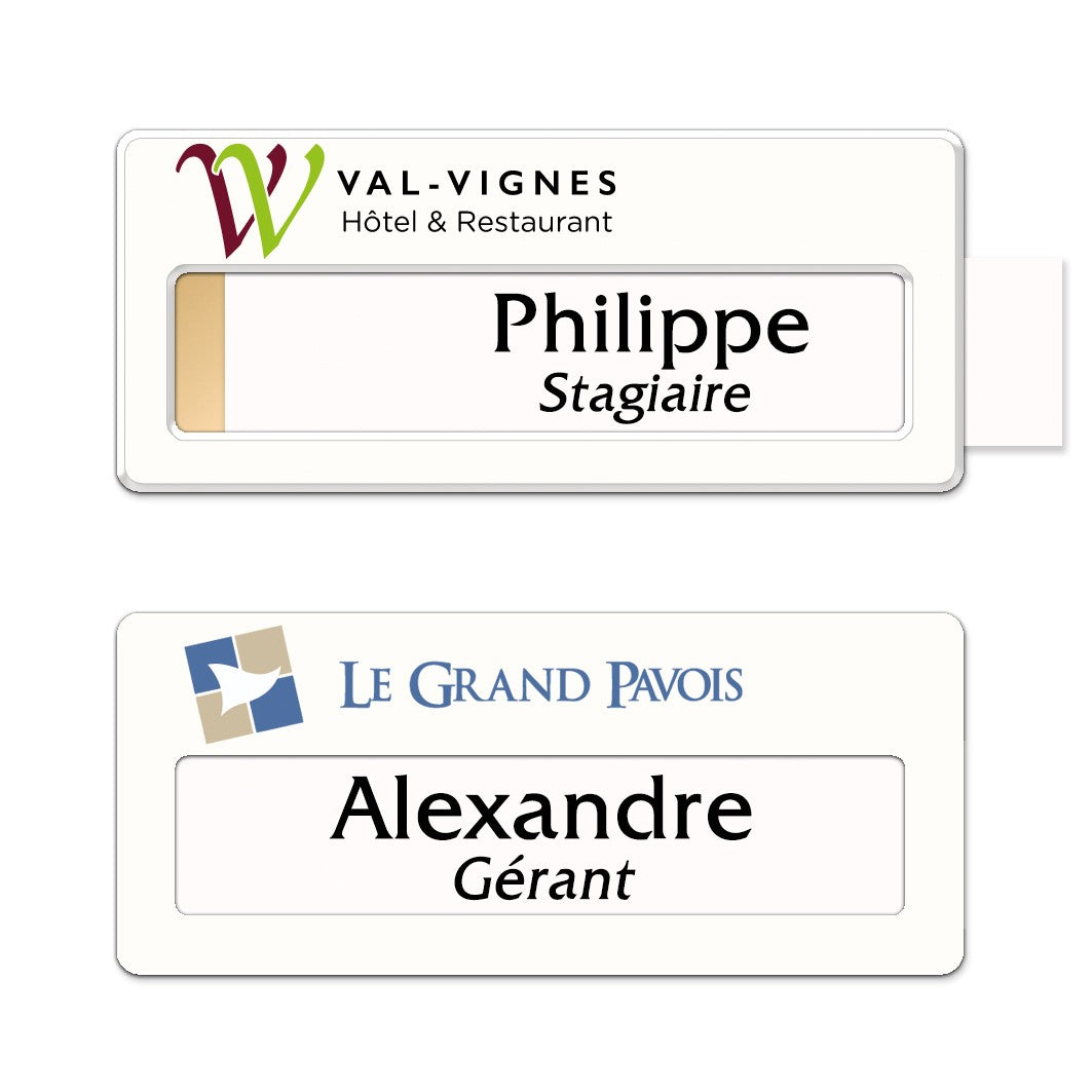 Badge aluminium Laqué Blanc à insert - Double Lignes - 7 x 3 cm