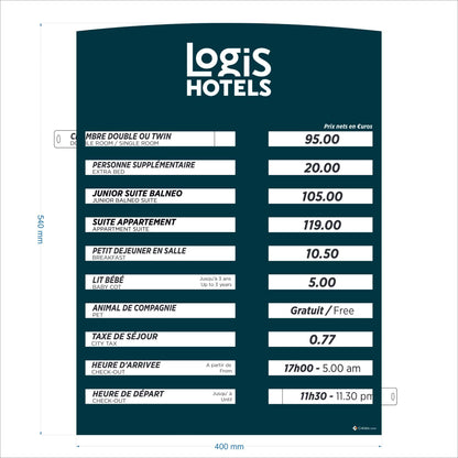 Tableau tarifs des chambres 10 Lignes | Logis