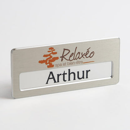 Badge aluminium argent Brossé à insert PREMIUM - Simple Ligne - 7 x 3 cm