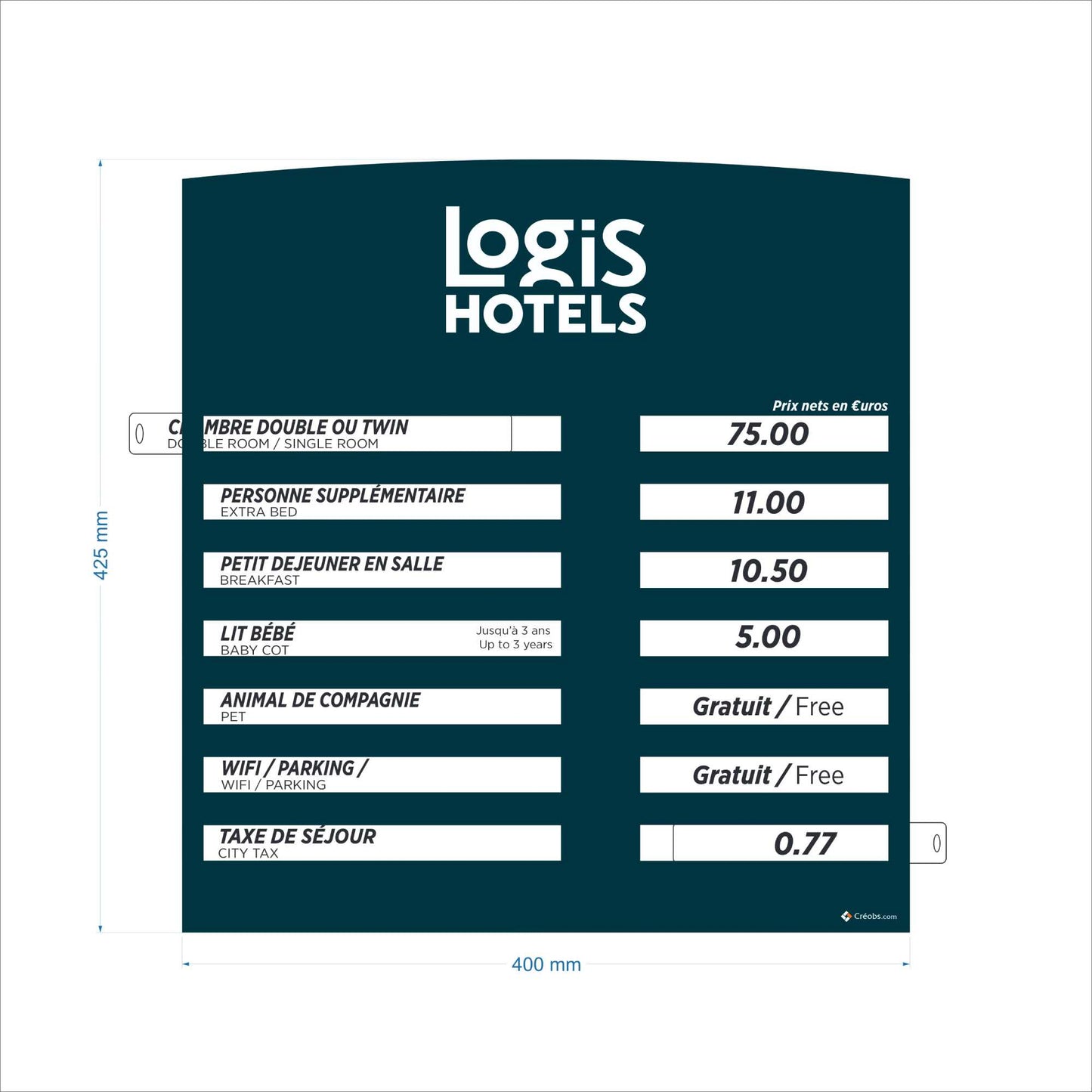 Tableau tarifs des chambres 7 Lignes | Logis