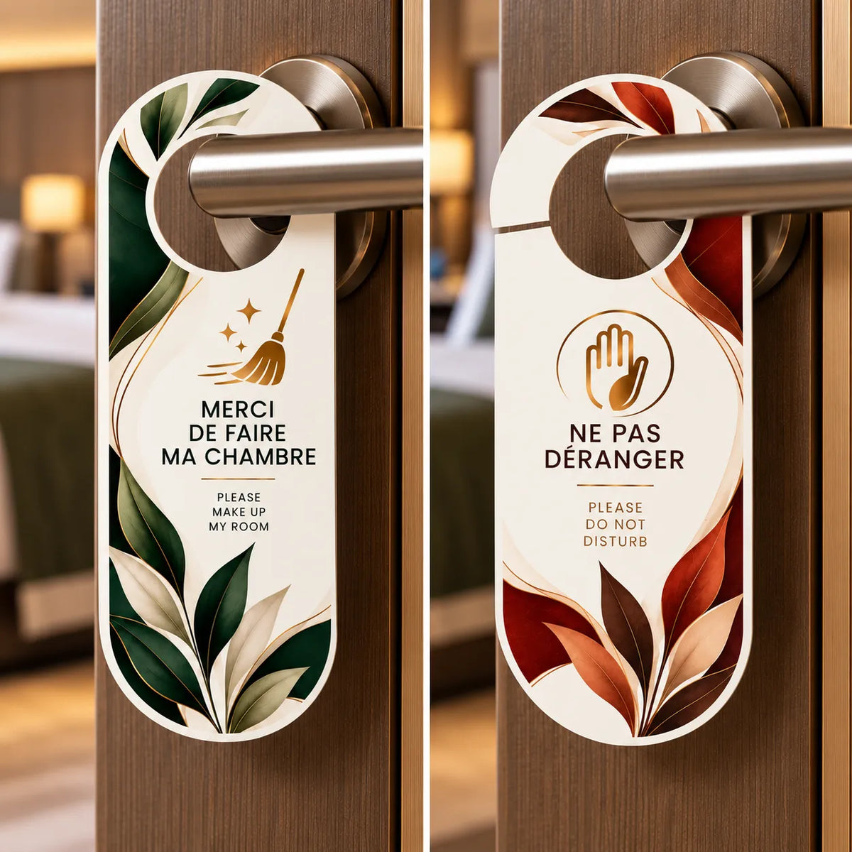 Accroche-porte hôtel PVC recto verso avec messages Ne pas déranger et Merci de faire ma chambre