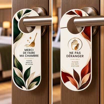 Accroche-porte hôtel PVC recto verso avec messages Ne pas déranger et Merci de faire ma chambre