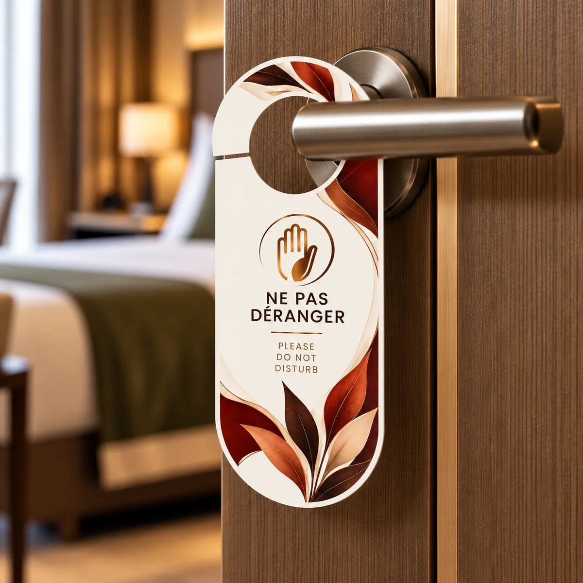 Signalétique de porte de chambre avec pictogramme main et message Ne pas déranger bilingue
