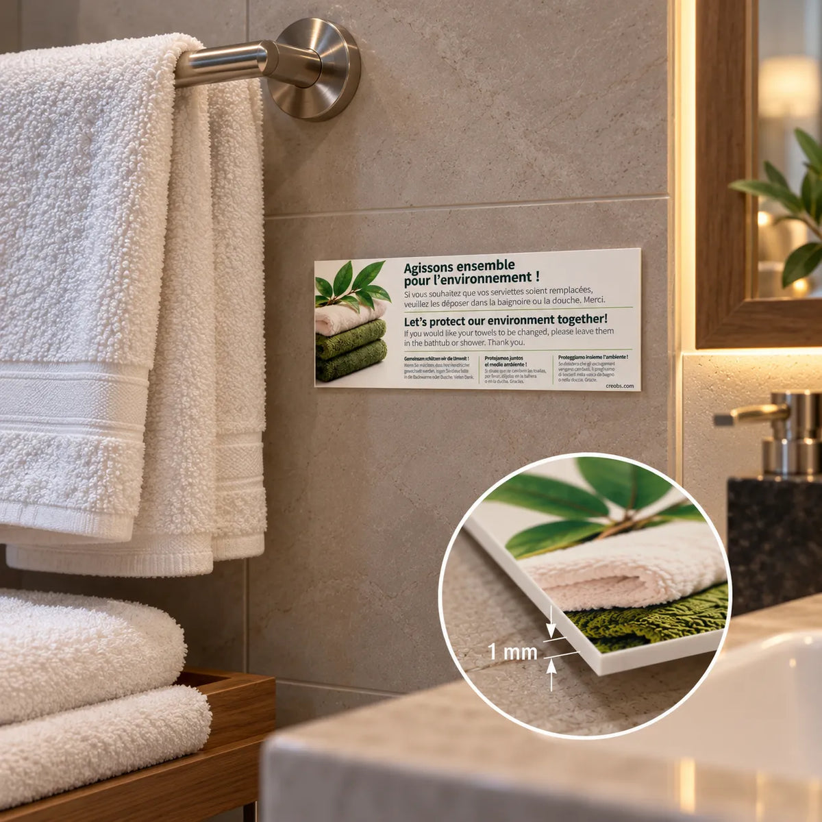 Plaque Éco-Linge Hôtel – Changement des Serviettes en 5 Langues
