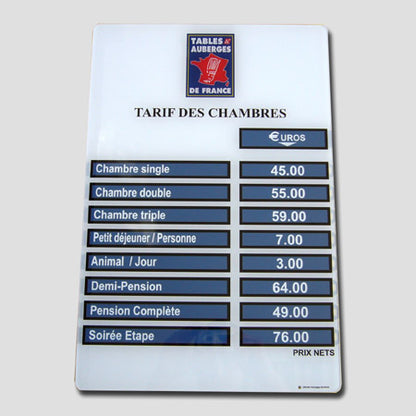 Tableau tarif bleu et doré