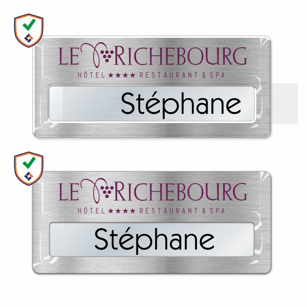 Badge aluminium argent Brossé à insert - Simple Ligne - 7 x 3 cm