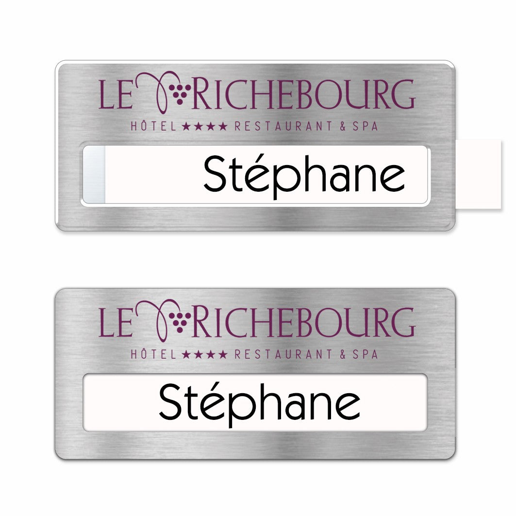 Badge aluminium argent Brossé à insert - Simple Ligne - 7 x 3 cm