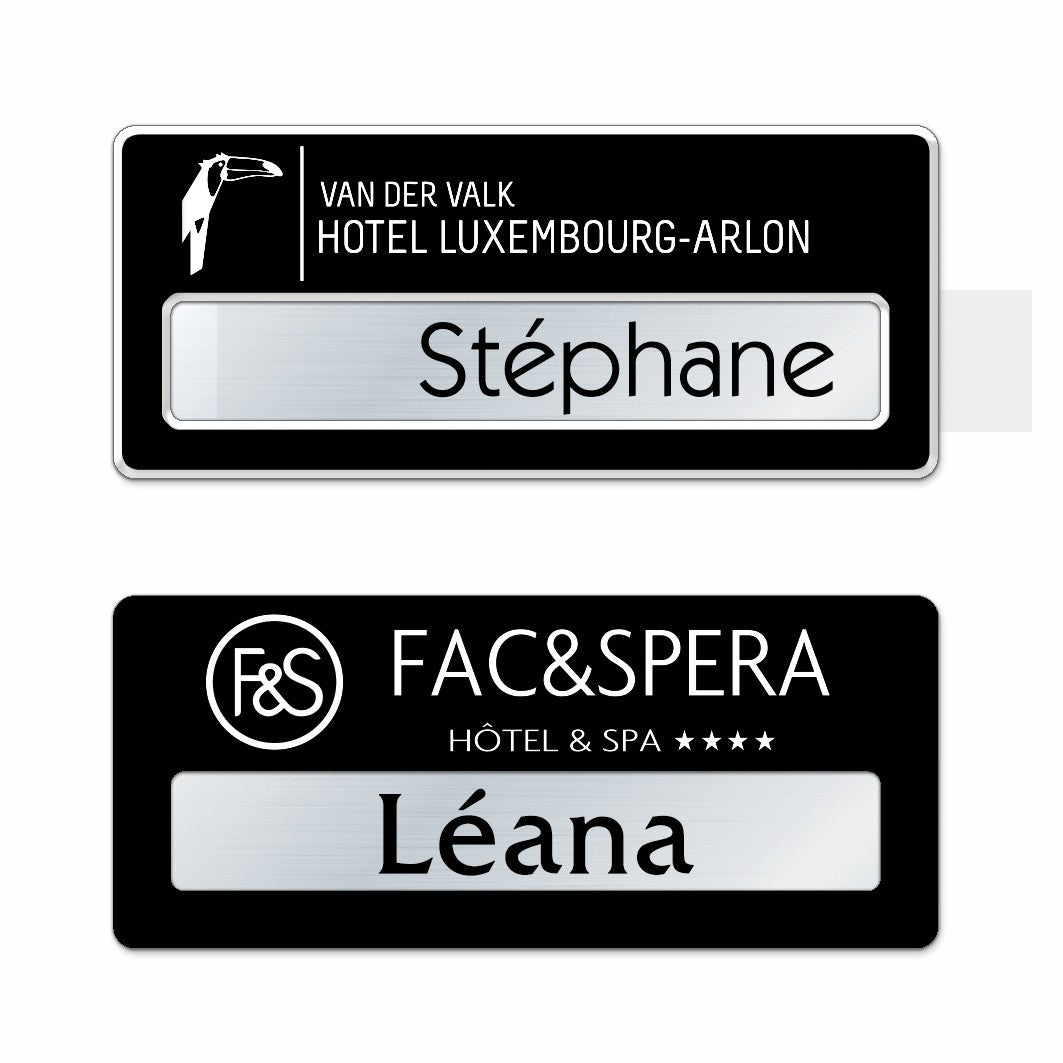 Badge aluminium Laqué Noir à insert - Simple Ligne - 7 x 3 cm