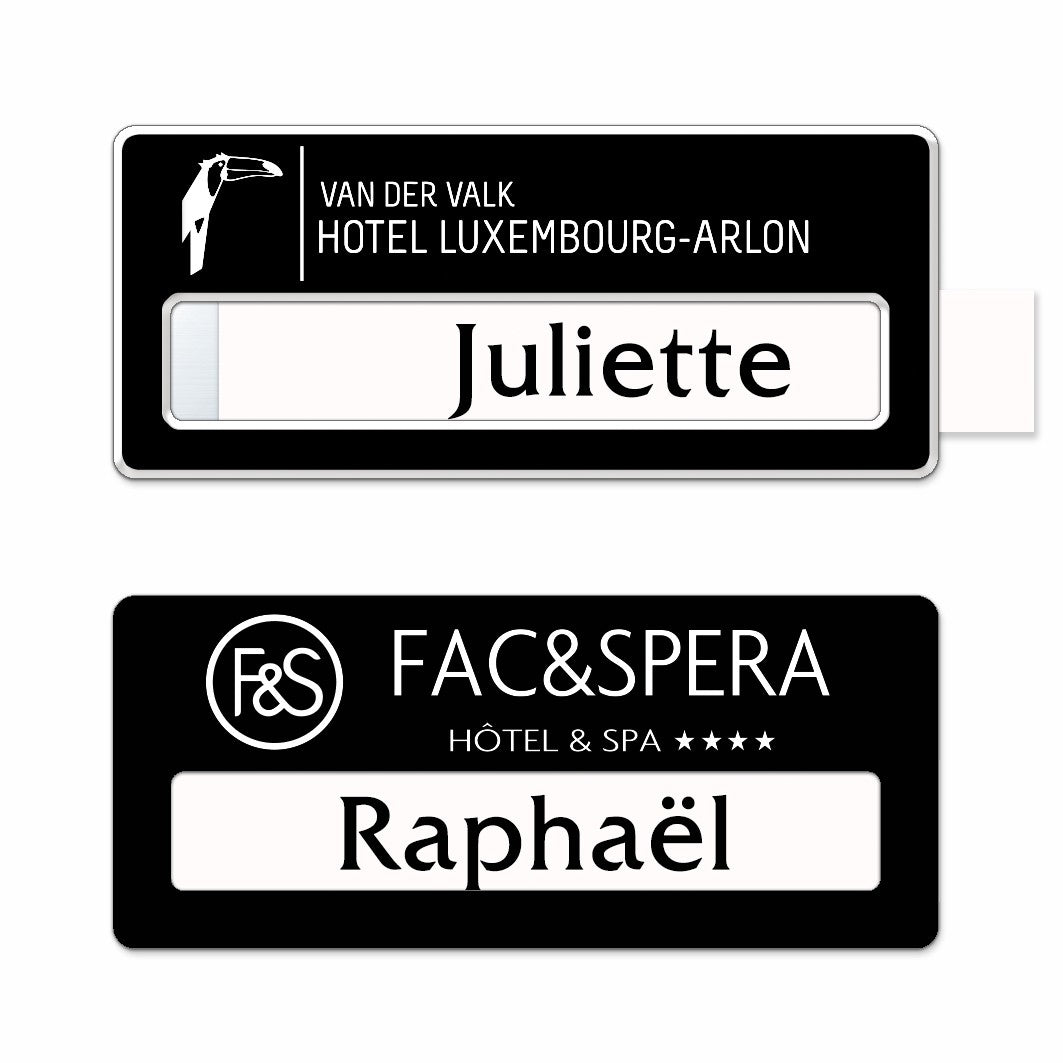 Badge aluminium Laqué Noir à insert - Simple Ligne - 7 x 3 cm