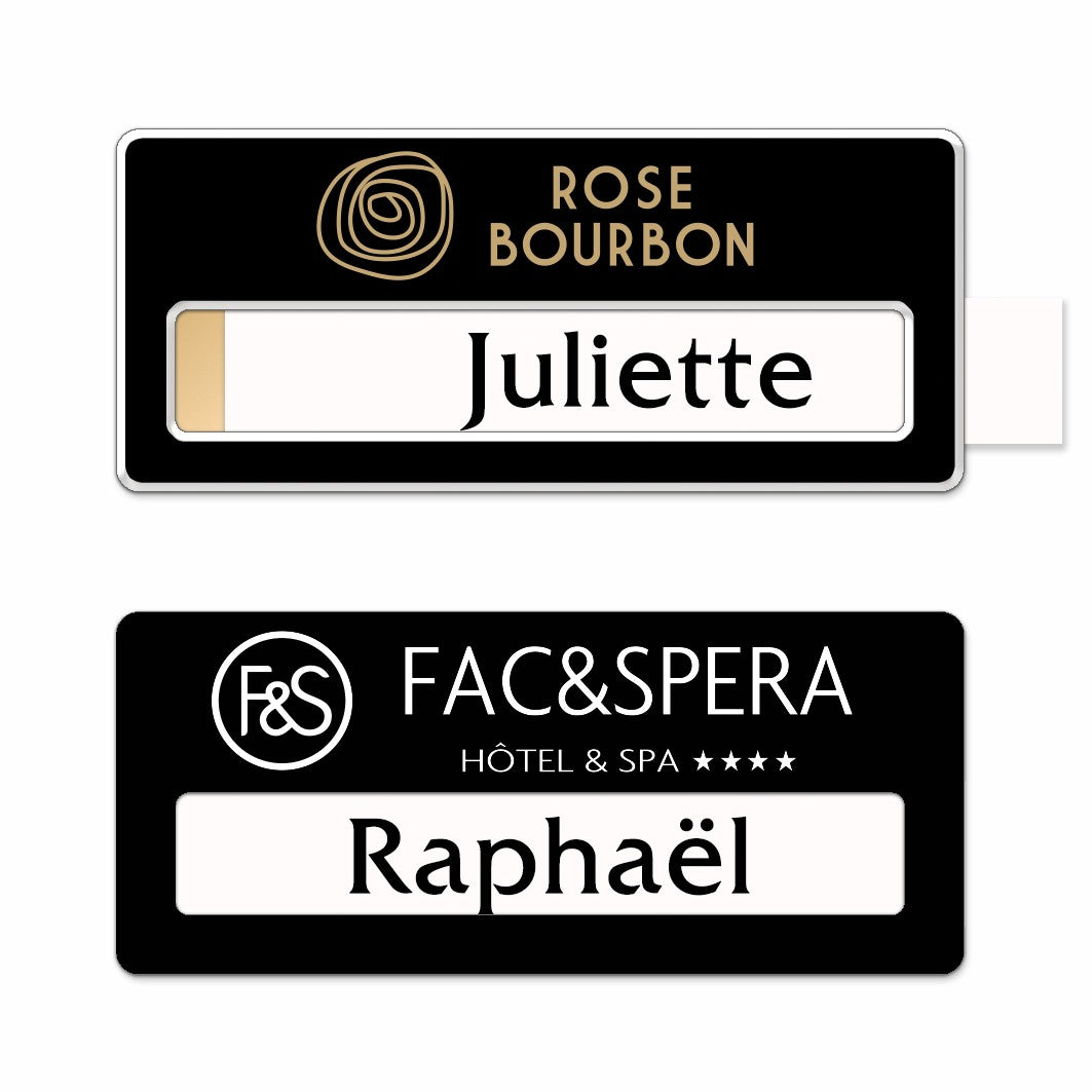 Badge aluminium Laqué Noir à insert - Simple Ligne - 7 x 3 cm