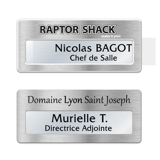 Badge aluminium argent Brossé à insert - Double Lignes - 7 x 3 cm