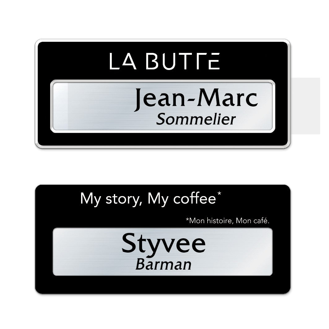 Badge aluminium Laqué Noir à insert - Double Lignes - 7 x 3 cm