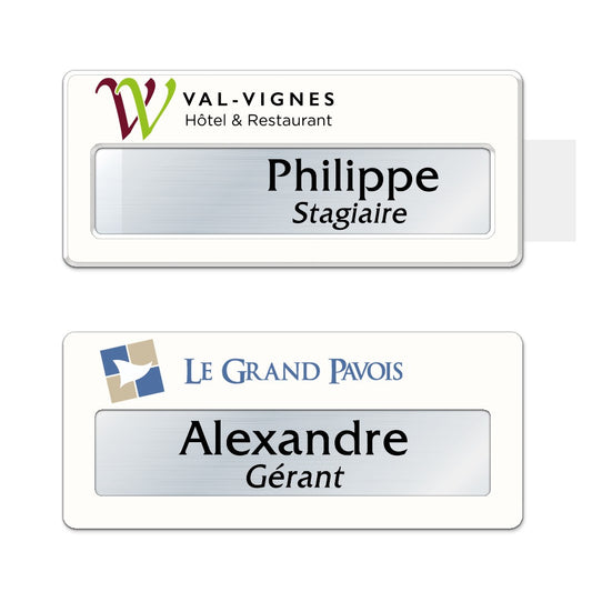 Badge aluminium Laqué Blanc à insert - Double Lignes - 7 x 3 cm