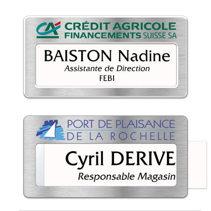 Badge aluminium argent Brossé à insert - Triple Lignes - 7 x 3,5 cm