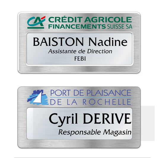 Badge aluminium argent Brossé à insert - Triple Lignes - 7 x 3,5 cm