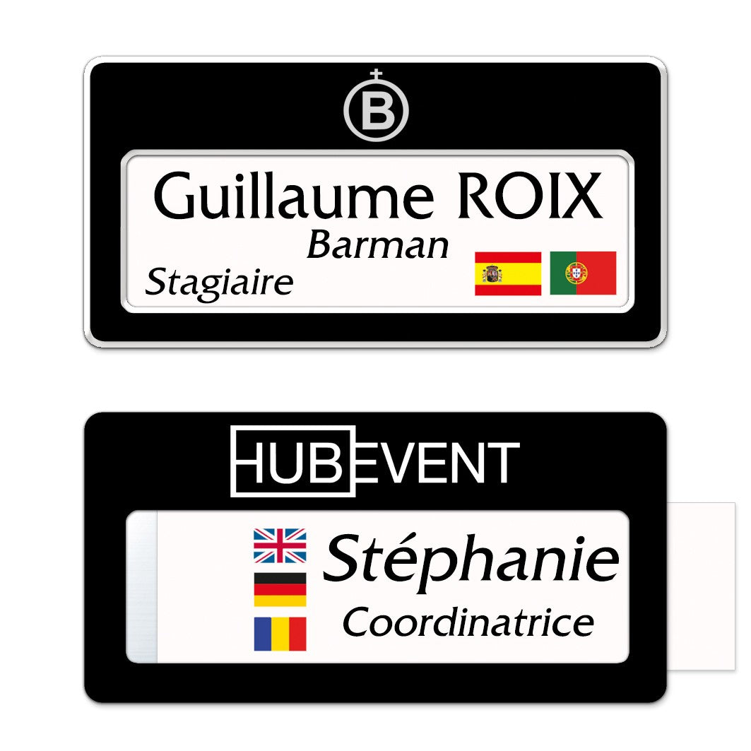 Badge aluminium Laqué Noir à insert - Triple Lignes - 7 x 3,5 cm