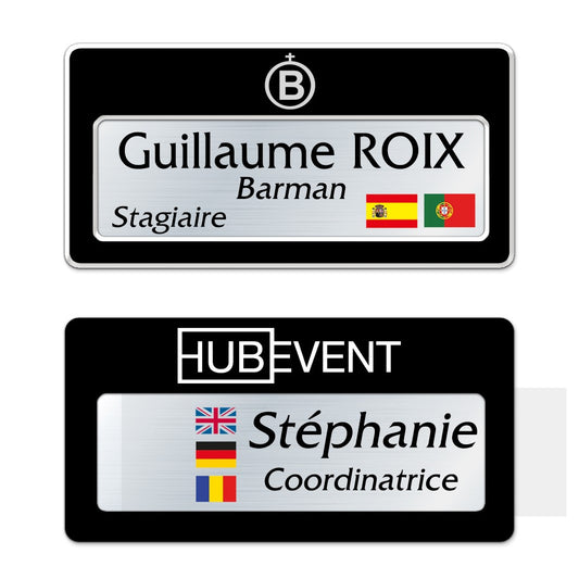 Badge aluminium Laqué Noir à insert - Triple Lignes - 7 x 3,5 cm