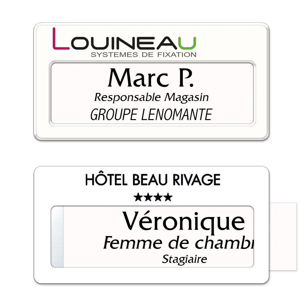 Badge aluminium Laqué Blanc à insert - Triple Lignes - 7 x 3,5 cm