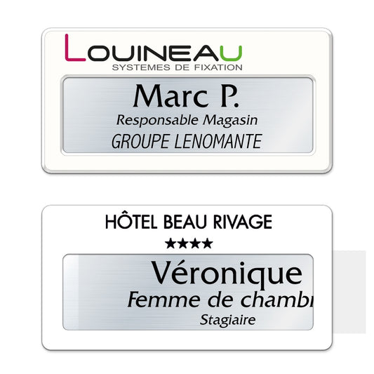 Badge aluminium Laqué Blanc à insert - Triple Lignes - 7 x 3,5 cm