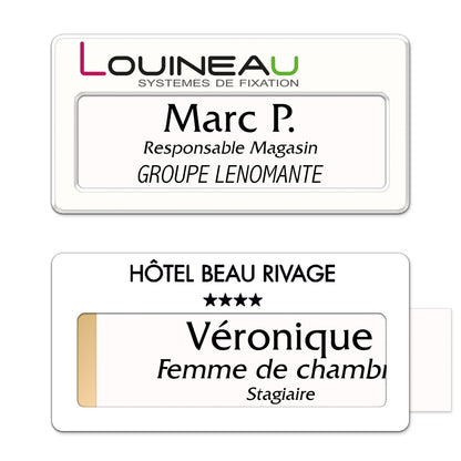 Badge aluminium Laqué Blanc à insert - Triple Lignes - 7 x 3,5 cm