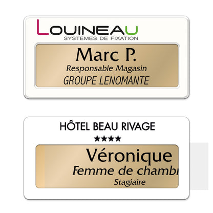 Badge aluminium Laqué Blanc à insert - Triple Lignes - 7 x 3,5 cm