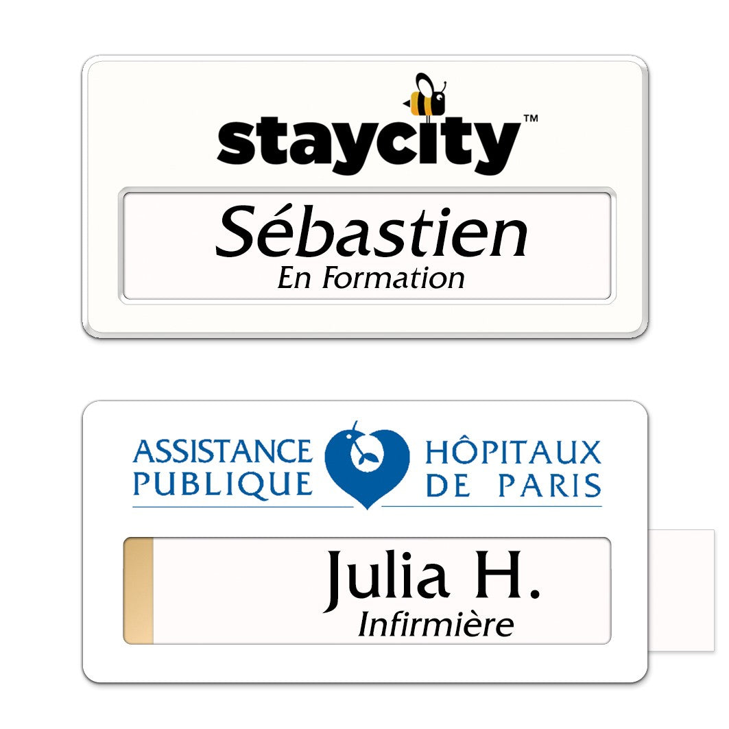 Badge aluminium Laqué Blanc à insert - Double Lignes - 7 x 3,5 cm