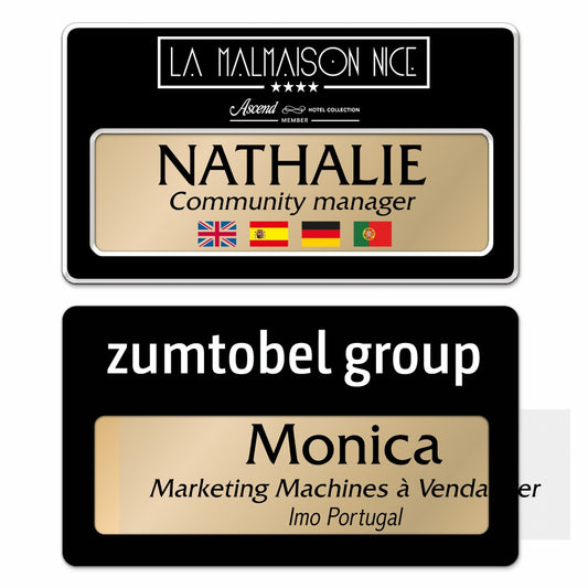 Badge aluminium Laqué Noir à insert - Triple Lignes - 7 x 4 cm