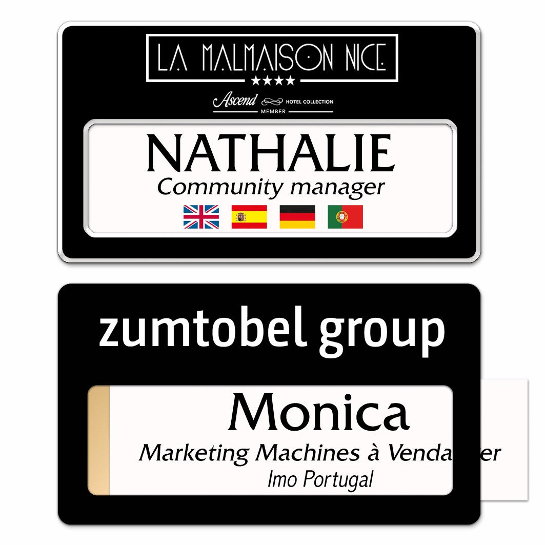 Badge aluminium Laqué Noir à insert - Triple Lignes - 7 x 4 cm