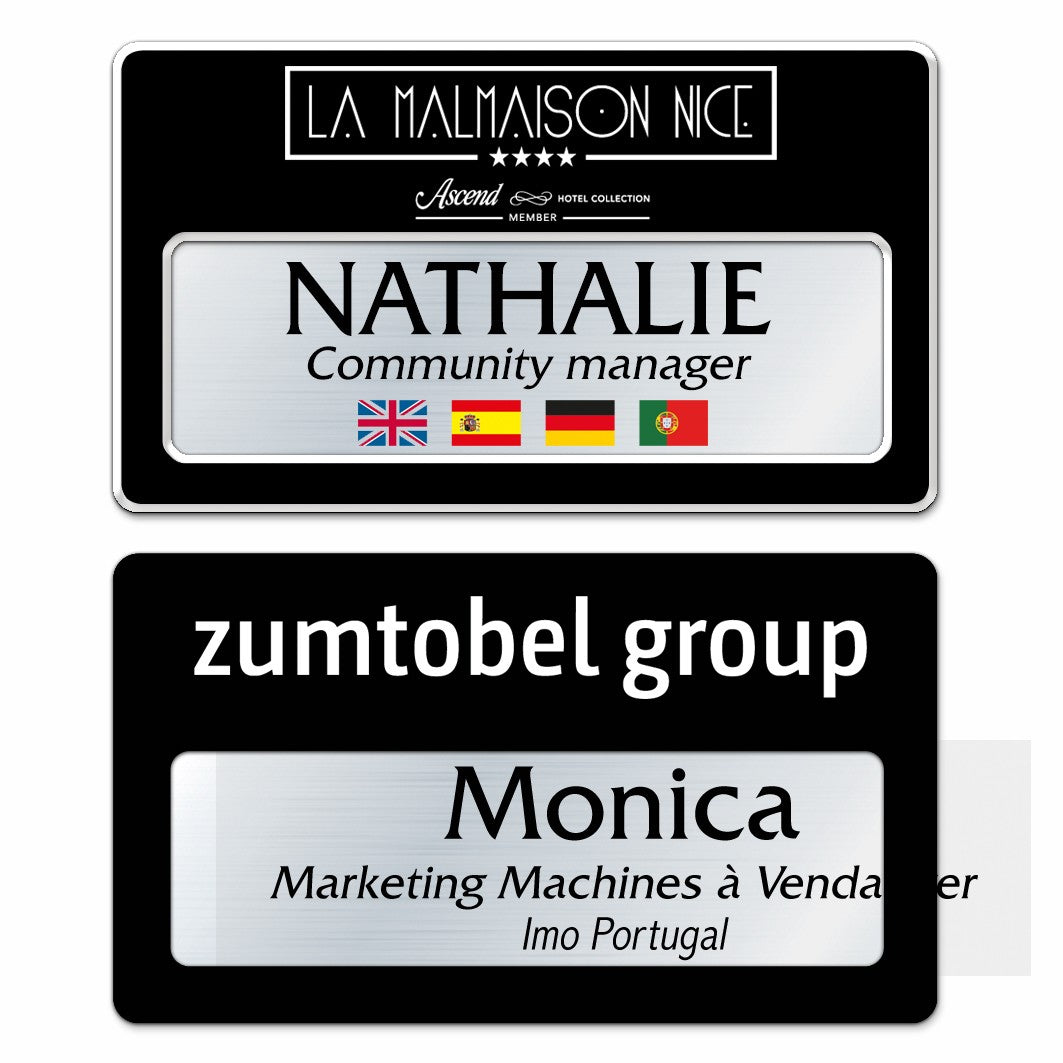 Badge aluminium Laqué Noir à insert - Triple Lignes - 7 x 4 cm