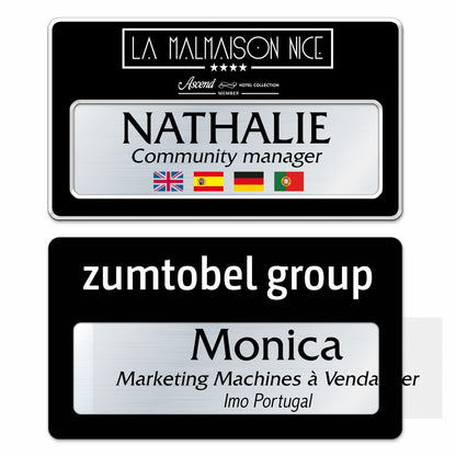 Badge aluminium Laqué Noir à insert - Triple Lignes - 7 x 4 cm