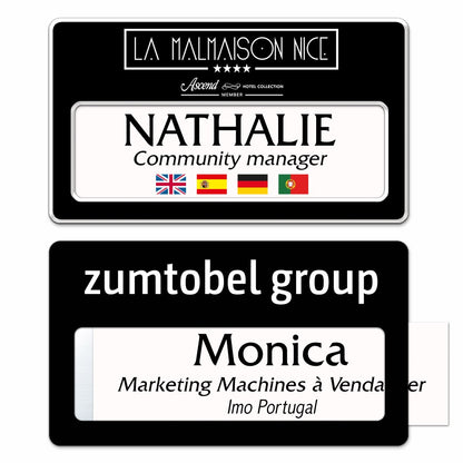 Badge aluminium Laqué Noir à insert - Triple Lignes - 7 x 4 cm