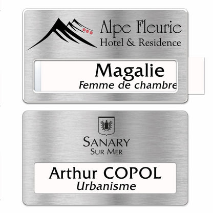 Badge aluminium argent Brossé à insert - Double Lignes - 7 x 4 cm