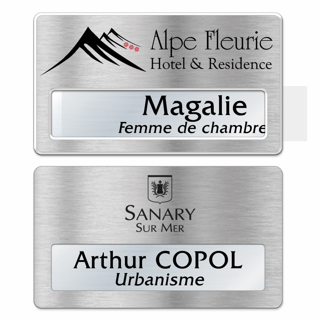 Badge aluminium argent Brossé à insert - Double Lignes - 7 x 4 cm