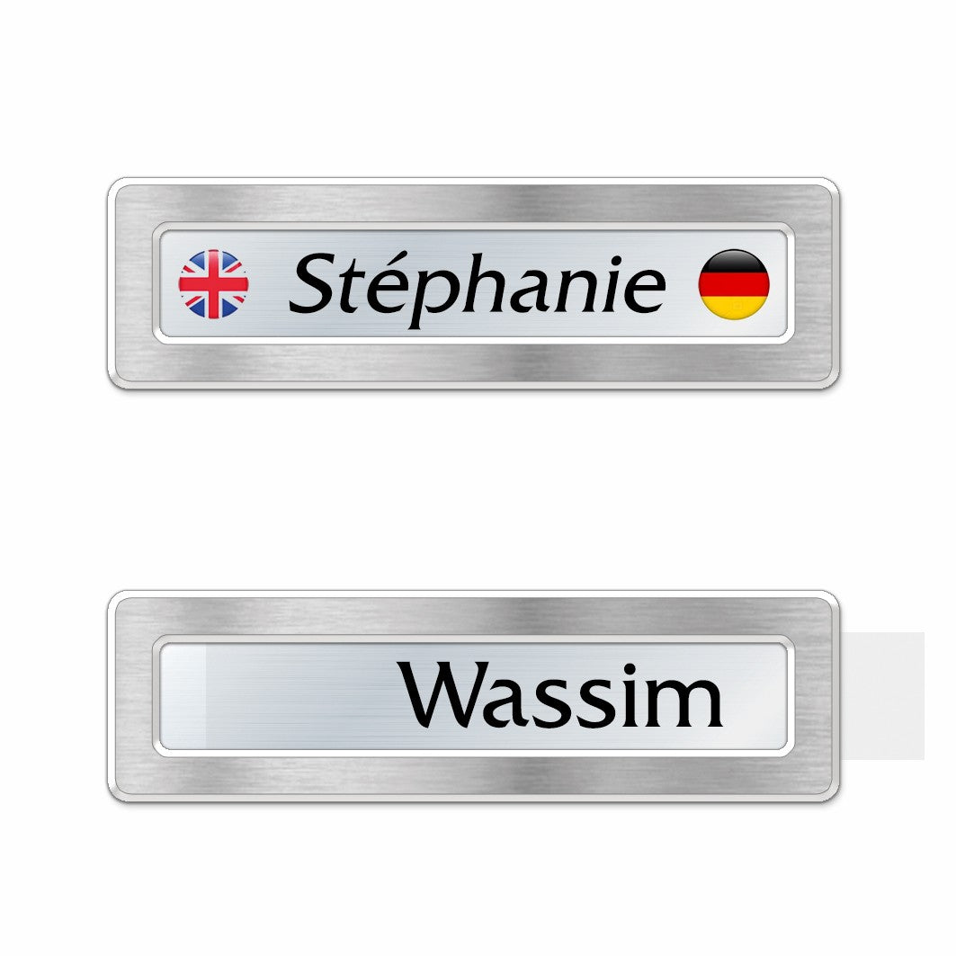 Badge aluminium argent Brossé à insert - Simple Ligne - 6,9 x 2 cm