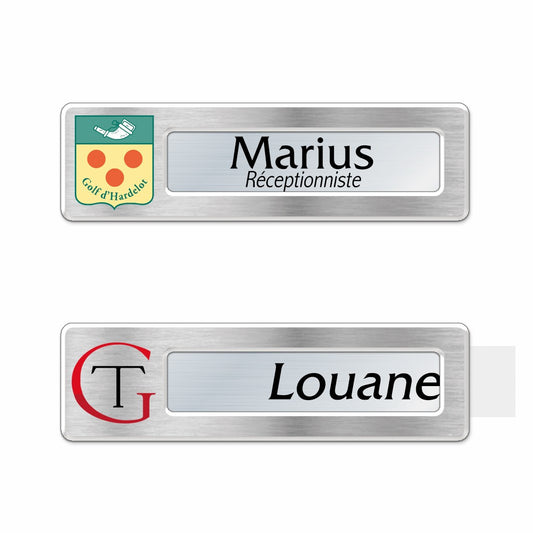 Badge aluminium argent Brossé à insert - Simple Ligne - 6,9 x 2 cm