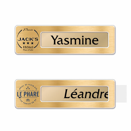 Badge aluminium Or Brossé à insert - Simple Ligne - 6,9 x 2 cm