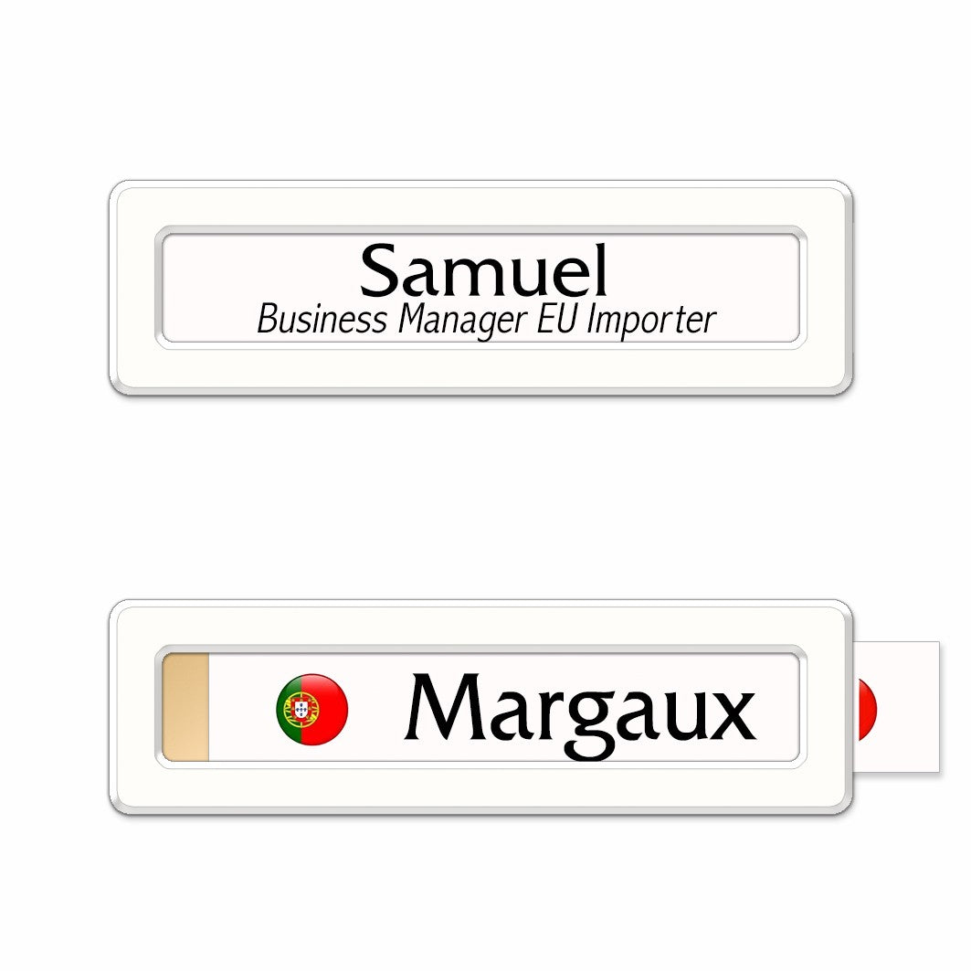 Badge aluminium Laqué Blanc à insert - Simple Ligne - 6,9 x 2 cm