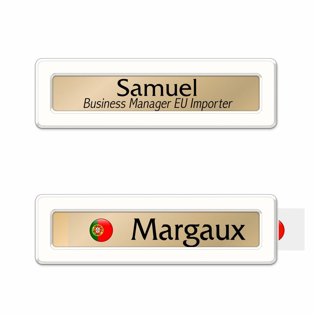 Badge aluminium Laqué Blanc à insert - Simple Ligne - 6,9 x 2 cm