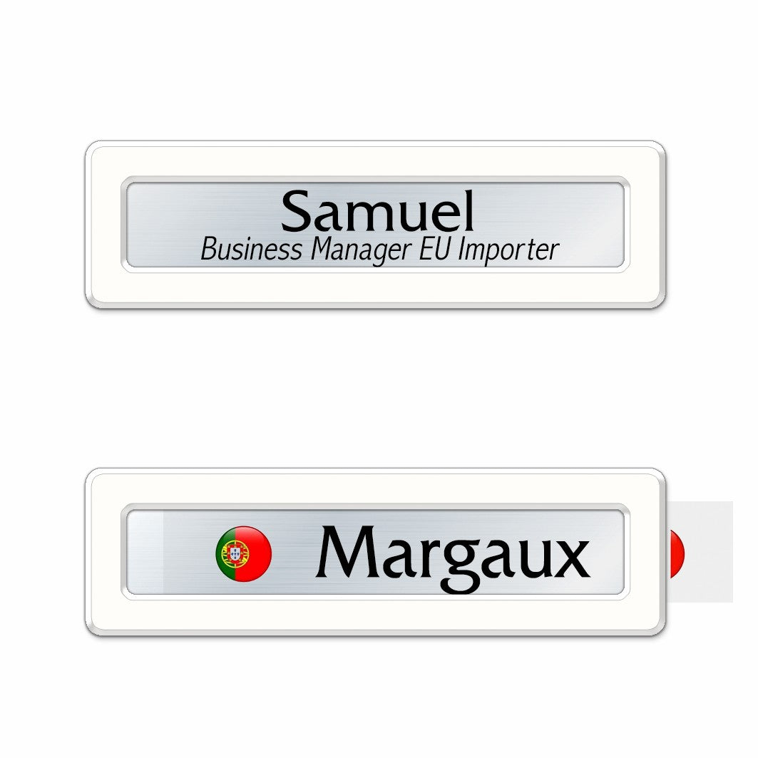 Badge aluminium Laqué Blanc à insert - Simple Ligne - 6,9 x 2 cm