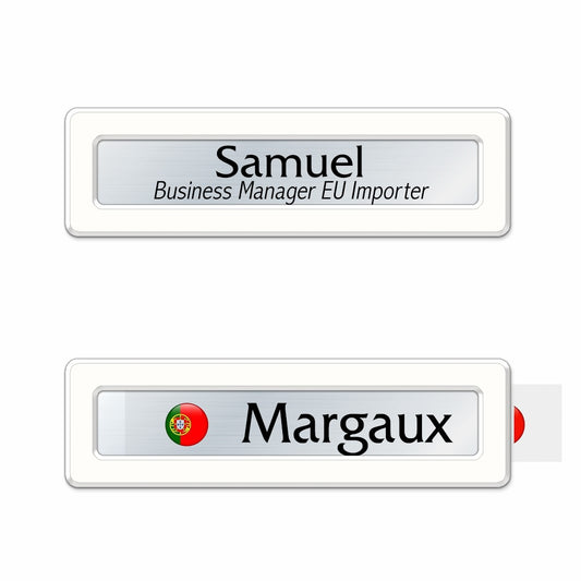 Badge aluminium Laqué Blanc à insert - Simple Ligne - 6,9 x 2 cm