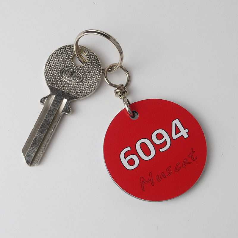 Porte-clé attaché à une clé de bungalow dans un camping, montrant son utilisation pratique dans un cadre de loisirs.